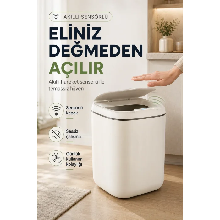 Akıllı Sensörlü 20 Litre Çöp Kovası Sessiz Kapaklı Modern Hijyenik Ev Tipi Çöp Kutusu