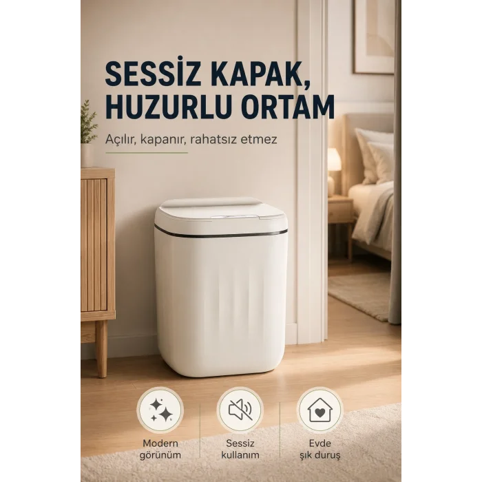 Akıllı Sensörlü 20 Litre Çöp Kovası Sessiz Kapaklı Modern Hijyenik Ev Tipi Çöp Kutusu