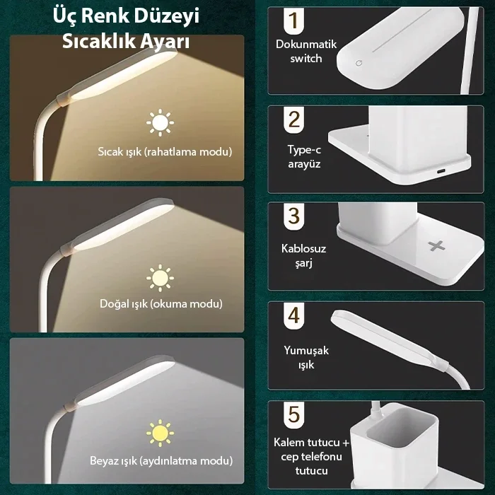 ALLY Kablosuz sarj Göz Korumali Portatif Led Masa Lambasi Kalemlik-(5775)