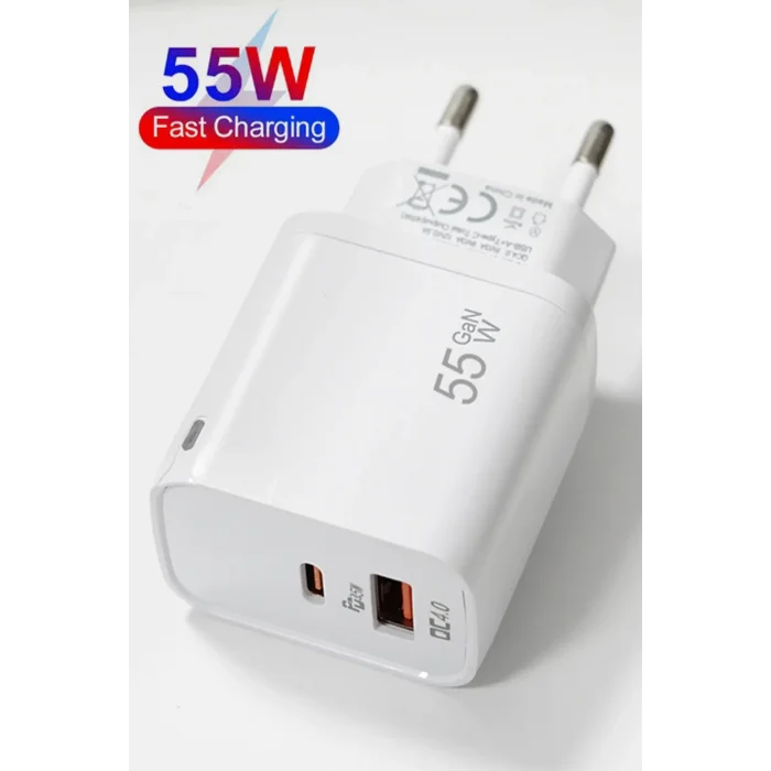 ALLY PowerGo 55W PD + QC 4.0 Hızlı Şarj Adaptörü Çift Port Seyahat Şarj Cihazı”-(5775)