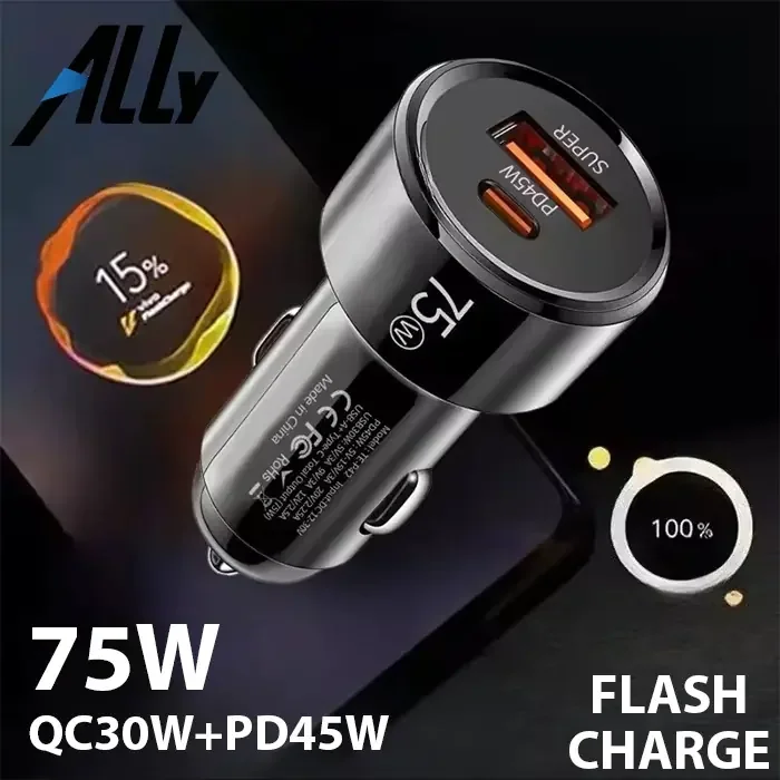 ALLY TurboCharge 75W Araç Şarj Cihazı – Çift Port (USB-C + USB-A-(5775)