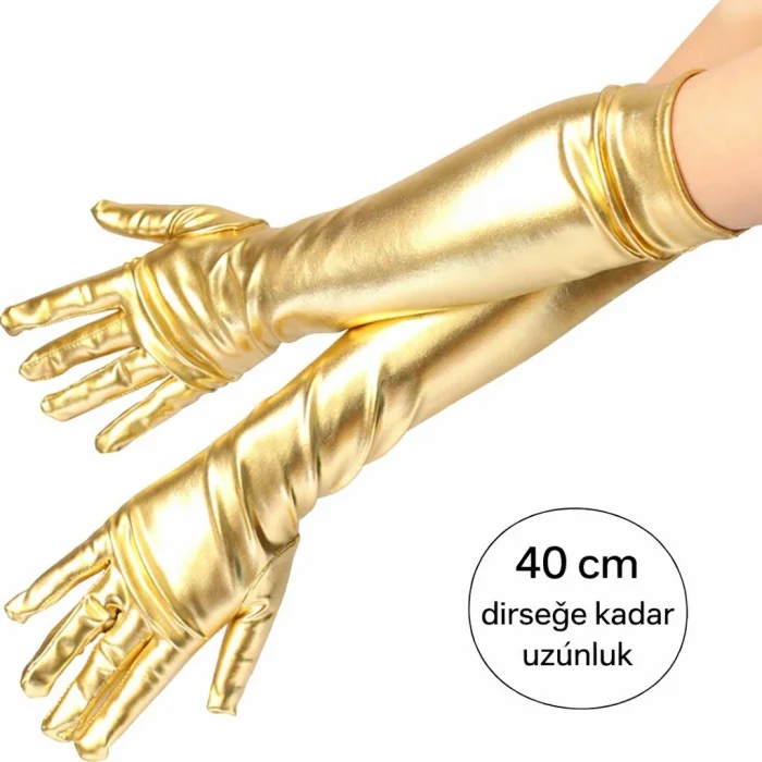 Altın Renk Dirsek Altı Lüks Saten Eldiven 40 cm