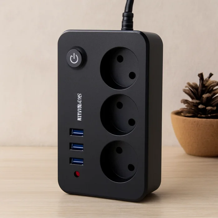 Anahtarlı Termal Korumalı 3lü Priz + 3xUSB 2.1A 2m Uzatma Kablosu Siyah
