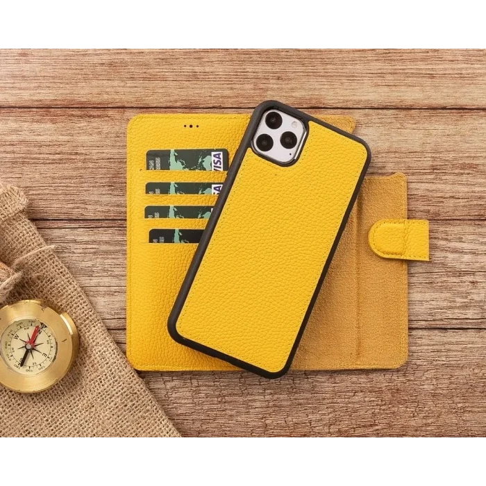 Apple iPhone 11 Pro Max Uyumlu Deri Cüzdanlı Kılıf FL12 Sarı