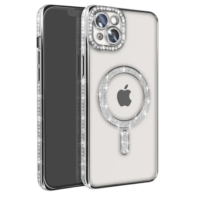 Apple İphone 14 Kılıf Joke Simli Magneticsafe Kılıf - Gümüş