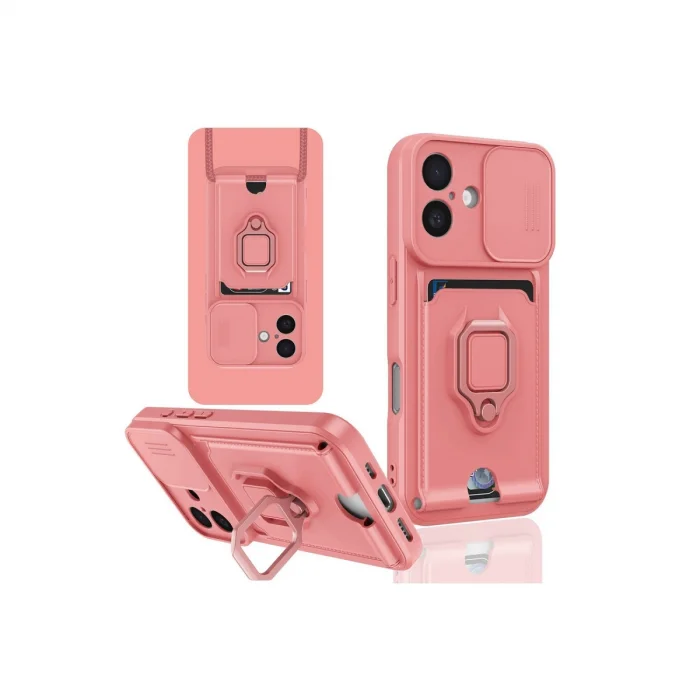 Apple İphone 16 Kılıf Zuma Kartvizitli Yüzüklü Silikon - Pembe