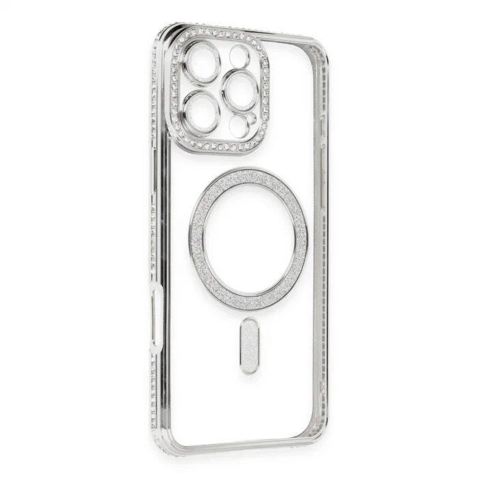 Apple İphone 16 Pro Kılıf Joke Simli Magneticsafe Kılıf - Gümüş