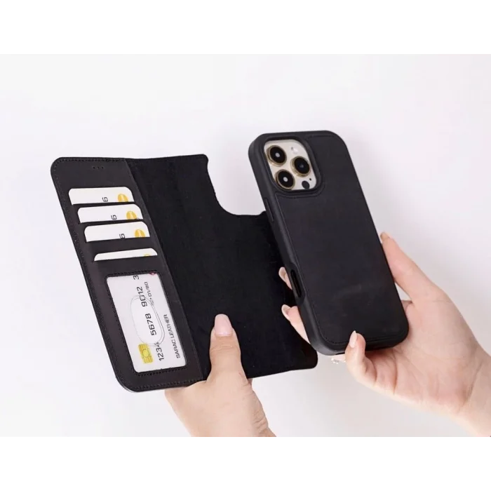 Apple iPhone 16 Pro uyumlu, Hakiki Deri, El Yapımı, Cüzdanlı Kılıf, Mat Siyah