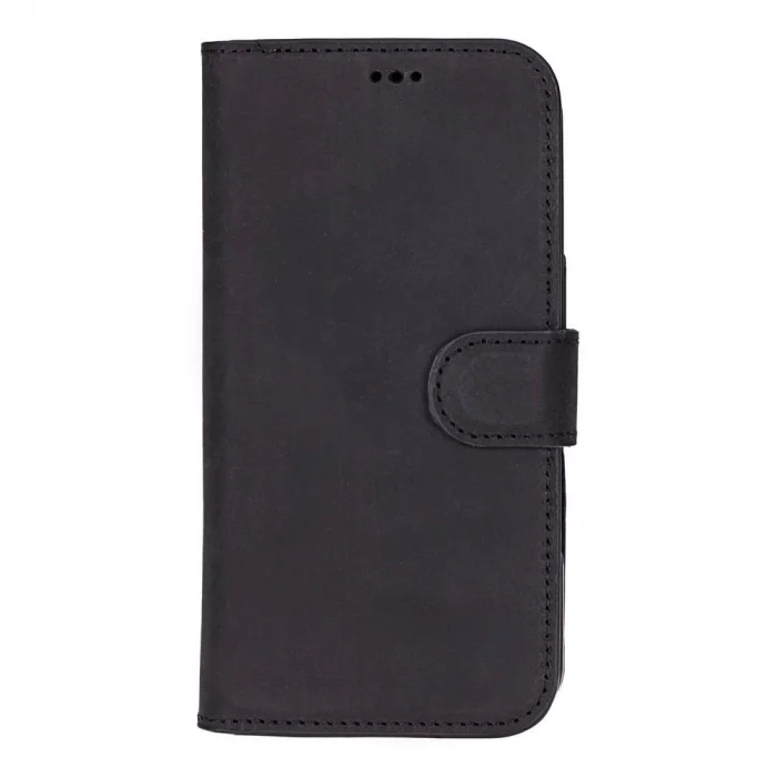 Apple iPhone 16 Pro uyumlu, Hakiki Deri, El Yapımı, Cüzdanlı Kılıf, Mat Siyah