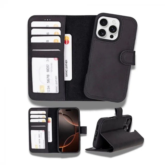 Apple iPhone 16 Pro uyumlu, Hakiki Deri, El Yapımı, Cüzdanlı Kılıf, Mat Siyah