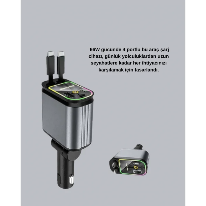 Araç Şarj Adaptörü 66W PD QC Hızlı Şarjlı ve Çekilebilir Kablolu