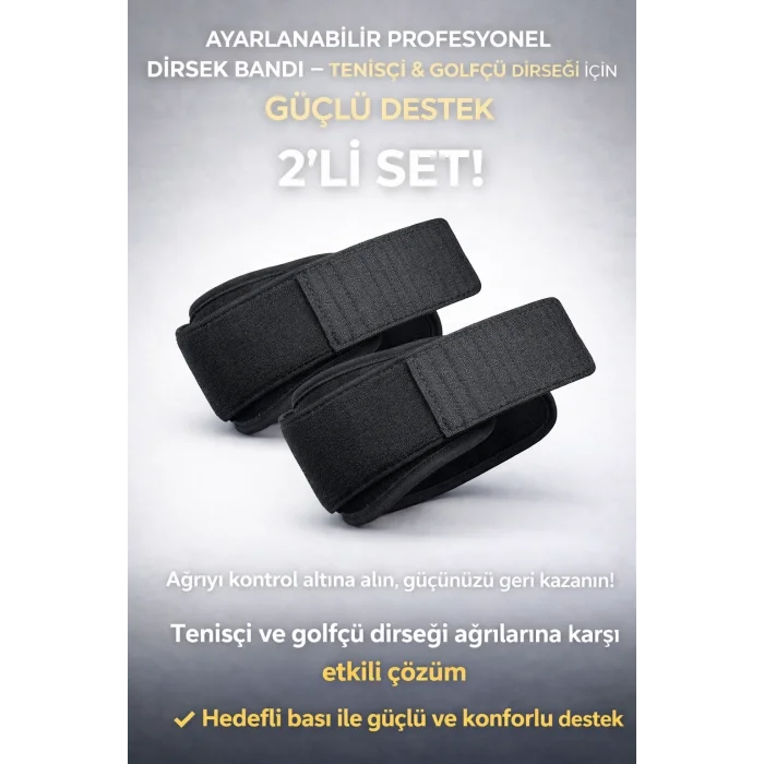 Ayarlanabilir Profesyonel Dirsek Bandı 2’li Set – Tenisçi & Golfçü Dirseği İçin Güçlü Destek
