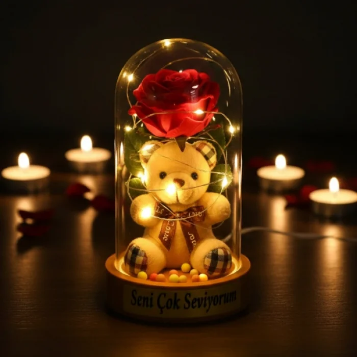 Ayıcıklı Ledli Gül Fanus