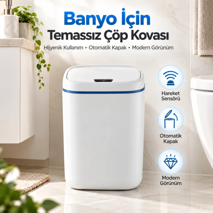Banyo İçin 20 Litre Temassız Sensörlü Çöp Kovası Beyaz
