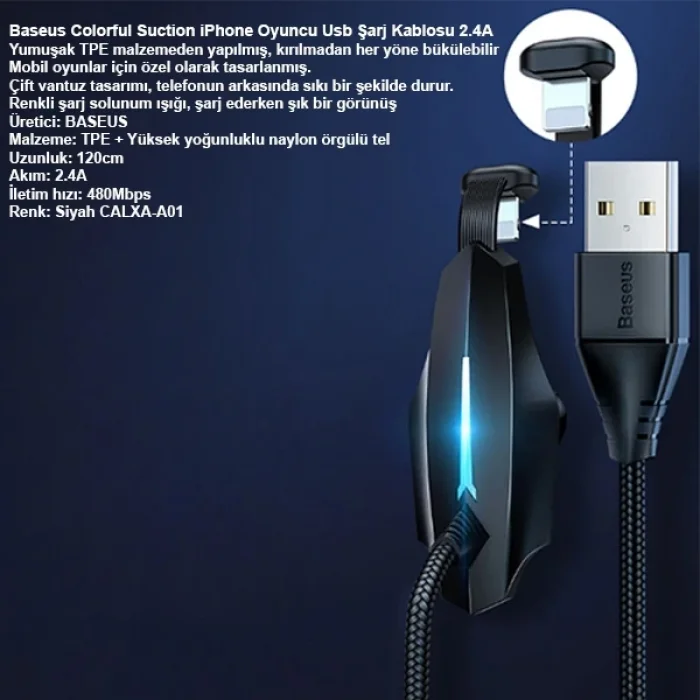 Baseus Colorful Suction iPhone Oyuncu Usb Şarj Kablosu 2.4A 1.2m-(5775)