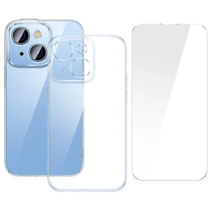 Baseus Crystal iPhone 14 Plus 6.7 Ultra-Thin Silikon Kılıf + Tempered Ekran Koruyucu Set-(5775)
