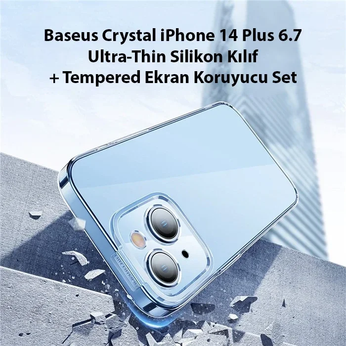 Baseus Crystal iPhone 14 Plus 6.7 Ultra-Thin Silikon Kılıf + Tempered Ekran Koruyucu Set-(5775)