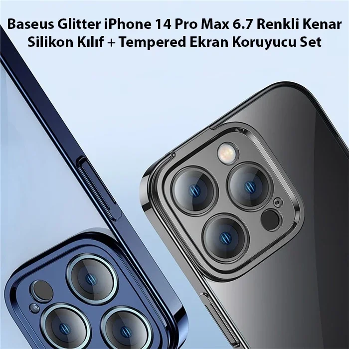 Baseus Glitter iPhone 14 Pro Max 6.7 Renkli Kenar Silikon Kılıf + Tempered Ekran Koruyucu Set-(5775)