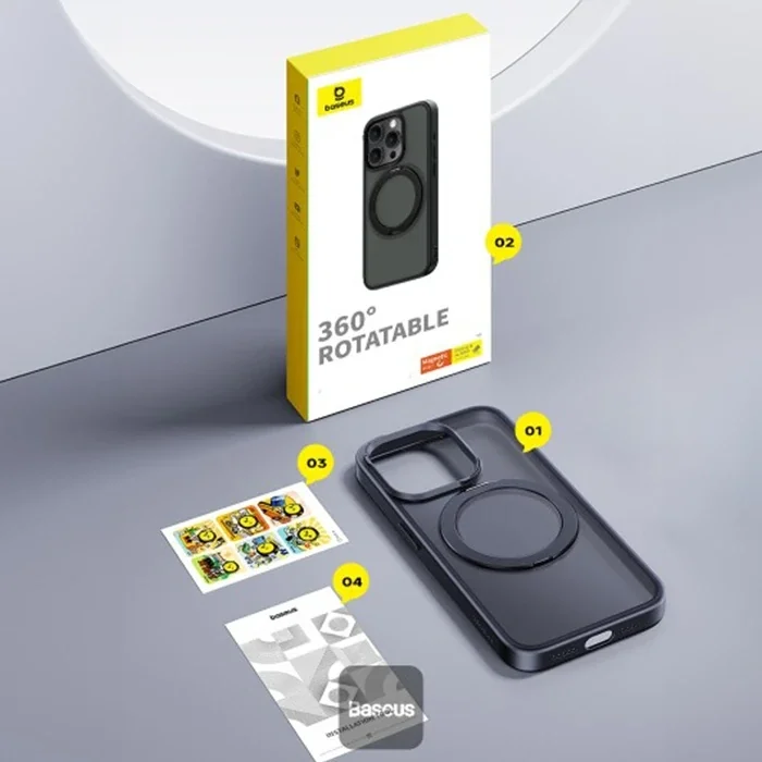 Baseus iPhone 15 Plus SkyRing Serisi Standlı Magsafe Manyetik Kılıf + Tempered Ekran Koruyucu Set-(5775)