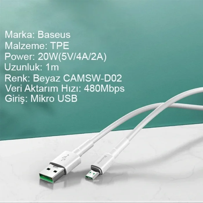 Baseus Mini White Micro USB 4A OPPO VIVO Dash Usb Şarj Kablosu 1Metre-(5775)