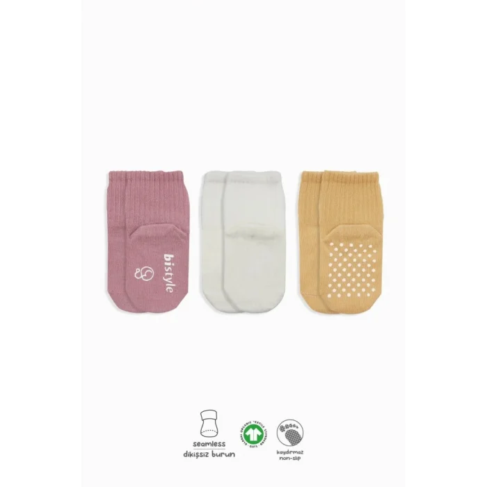 Basic Kaymaz Penye Soket Çorap 3Lü BS10107 Pudra Ekru Somon
