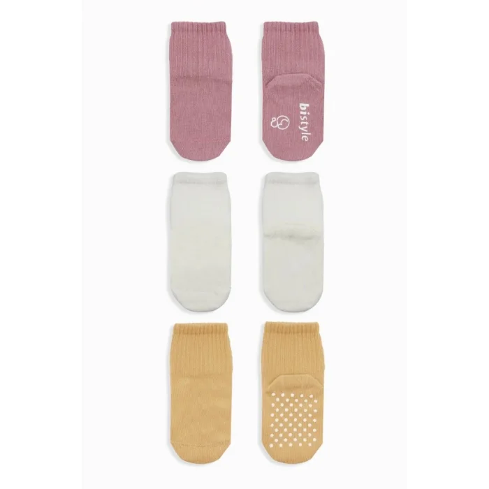 Basic Kaymaz Penye Soket Çorap 3Lü BS10107 Pudra Ekru Somon