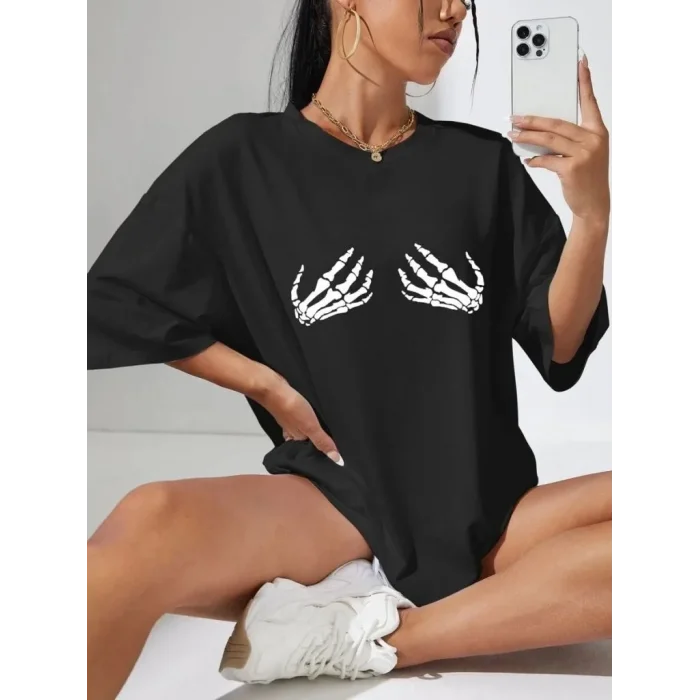 Kadın Baskılı T-Shirt Kısa Kol Bisiklet Yaka Oversize Rahat Kalıp Tişört - Siyah