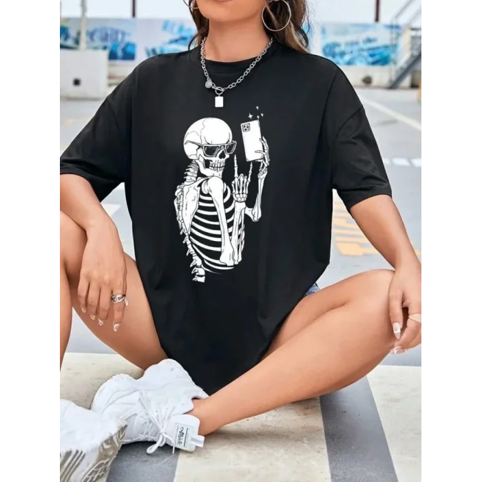 Kadın iskelet Baskılı T-Shirt Kısa Kol Bisiklet Yaka Oversize Tişört - Siyah