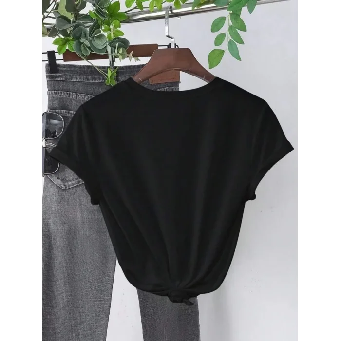 Kadın Kısa Kol Yazlık Tişört Bisiklet Yaka Baskılı Oversize T-Shirt - Siyah