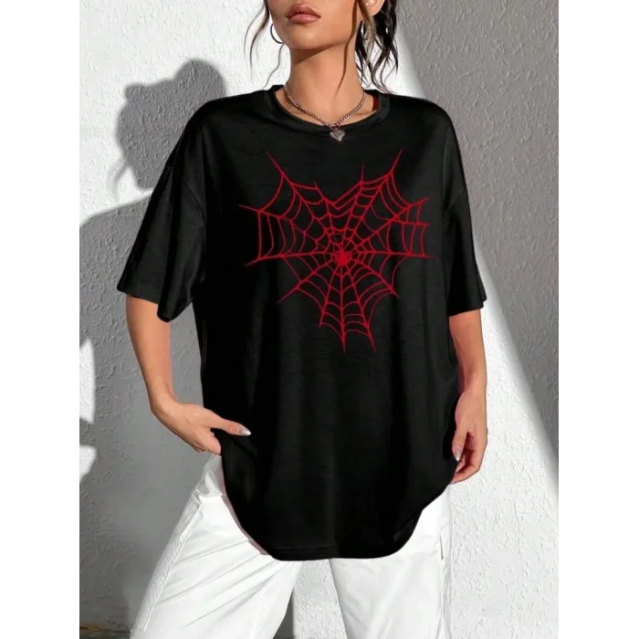 Kadın Örümcek Ağ Baskılı T-Shirt Kısa Kol Bisiklet Yaka Oversize Tişört - Siyah