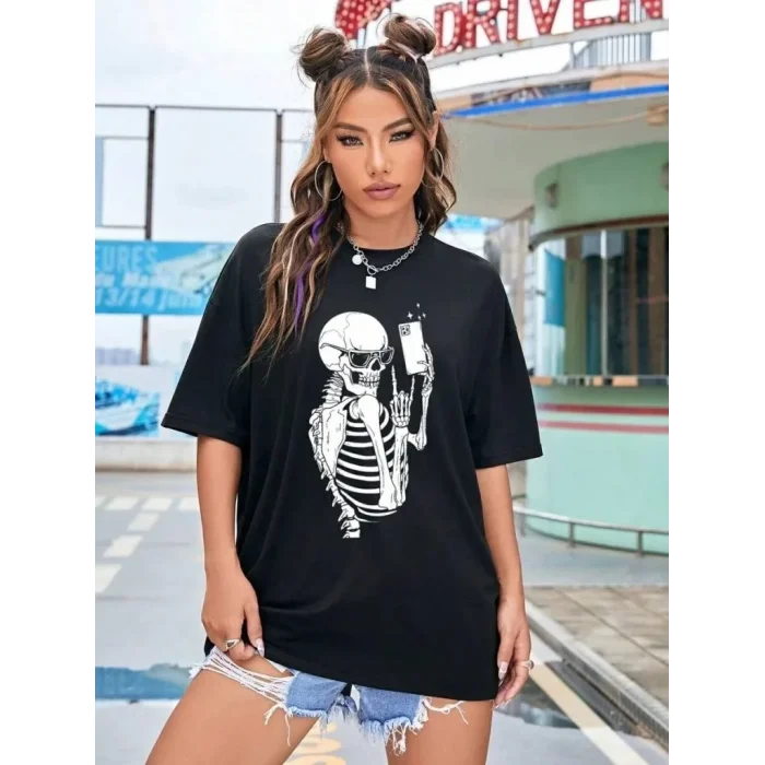 Kadın iskelet Baskılı T-Shirt Kısa Kol Bisiklet Yaka Oversize Tişört - Siyah