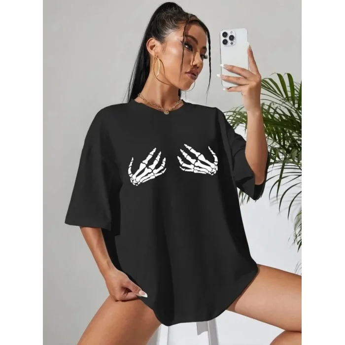 Kadın Baskılı T-Shirt Kısa Kol Bisiklet Yaka Oversize Rahat Kalıp Tişört - Siyah