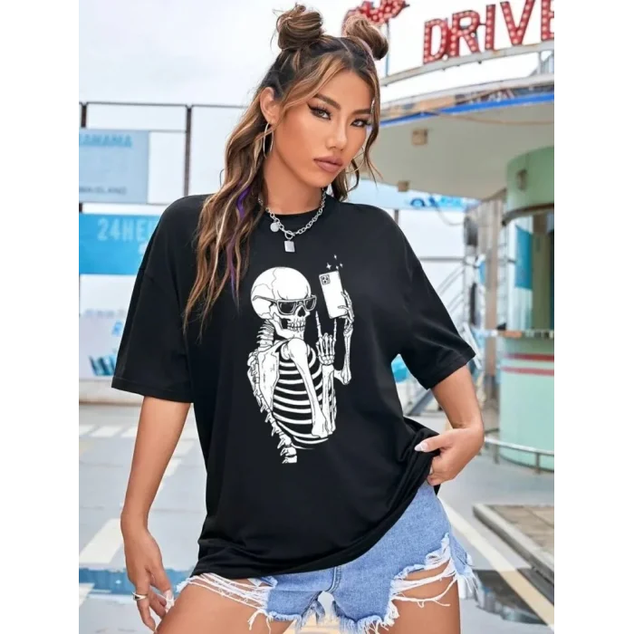 Kadın iskelet Baskılı T-Shirt Kısa Kol Bisiklet Yaka Oversize Tişört - Siyah
