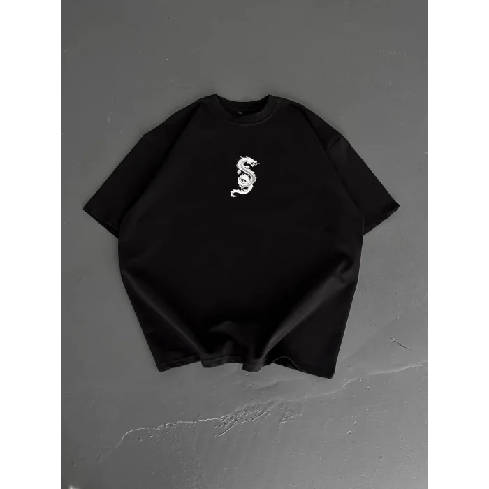 Baskılı Oversize Bisiklet Yaka - Siyah