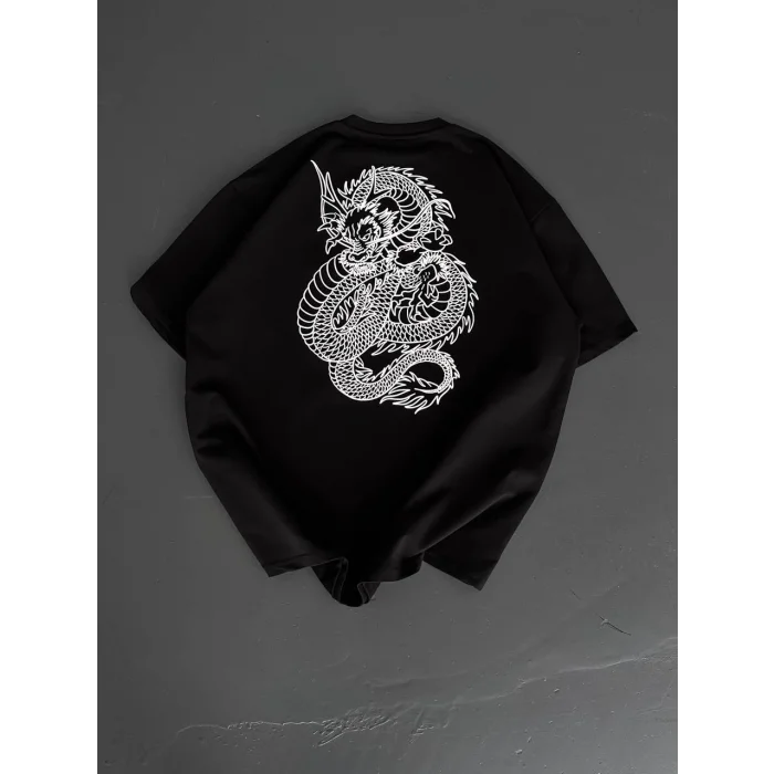 Baskılı Oversize Bisiklet Yaka - Siyah