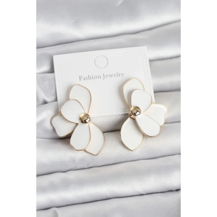 Beyaz Mineli Lotus Model Pirinç Kadın Küpe