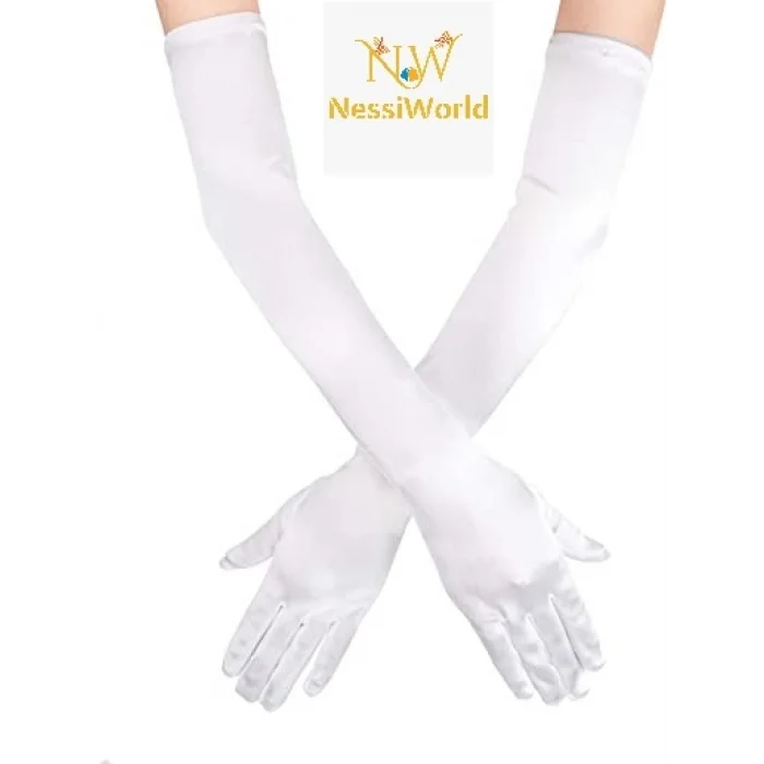 Beyaz Renk Dirseğe Kadar Uzun Kumaş Eldiven 40 cm