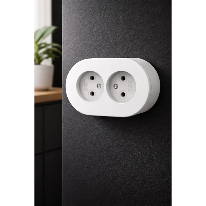 Beyaz Renk İkili Topraklı Priz – Modern Sıva Üstü Duvar Prizi, Lüks Dekoratif Elektrik Priz Çift Girişli
