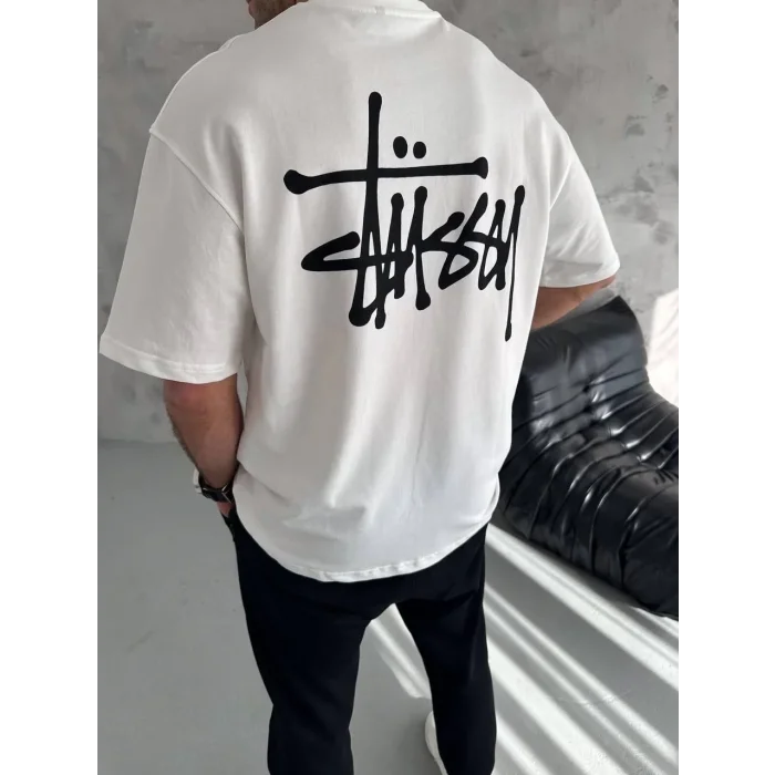 Erkek Tişört Bisiklet Yaka Baskılı Oversize Kısa kol T-Shirt - Beyaz