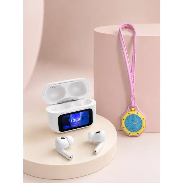 Bluetooth 5.4 Kablosuz Kulaklık Pembe Askılı Analog Charm Saat İkili Set