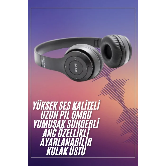 Bluetooth Kablosuz Kulaklık Siyah Wireless 5.0 Kulak Üstü Uzun Pil Ömrü