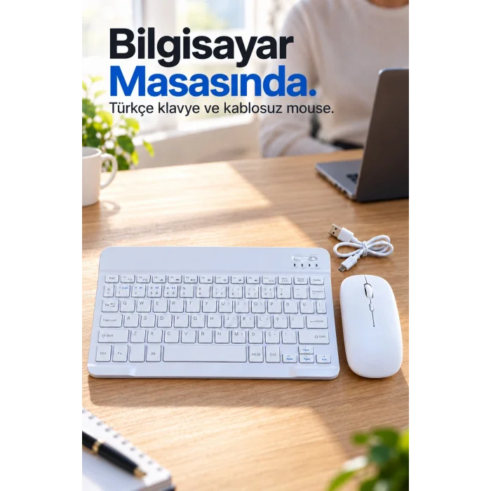 Bluetooth Klavye Mouse Seti Türkçe Tuş Dizilimli Beyaz