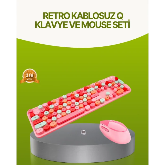 Bluetooth Retro Kablosuz Klavye ve Mouse Seti – 3 Cihaz Bağlantılı, Sessiz Tuş, Uzun Pil Ömrü