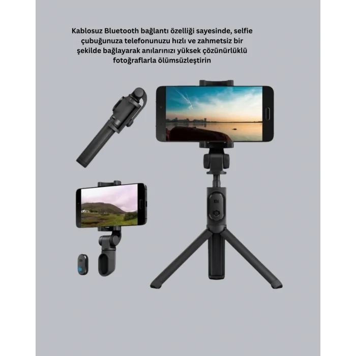 Bluetooth Selfie Çubuğu – 360° Dönebilen Başlık, Kablosuz Bağlantı