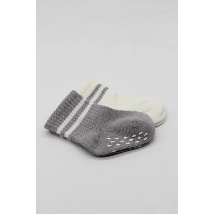 Çemberli Kaymaz Soket Çorap 2Li BS10125 Gri Ekru