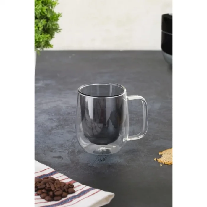 Çift Cidarlı Cam Kupa Gri Renk