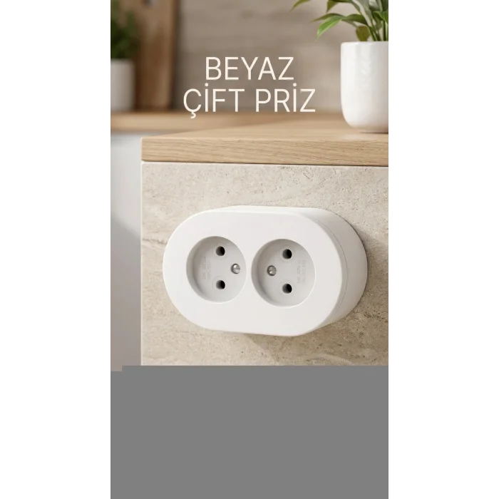 Çift Girişli Beyaz Sıva Üstü Topraklı Priz - Dekoratif Duvar Prizi