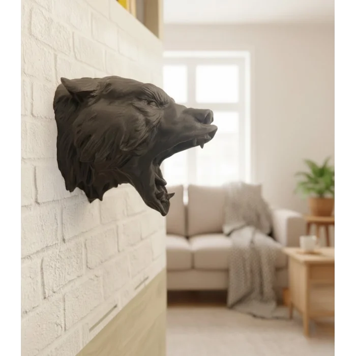 Dekoratif Asılabilir Siyah Ayı Başı 3D Duvar Heykeli 25x19 cm