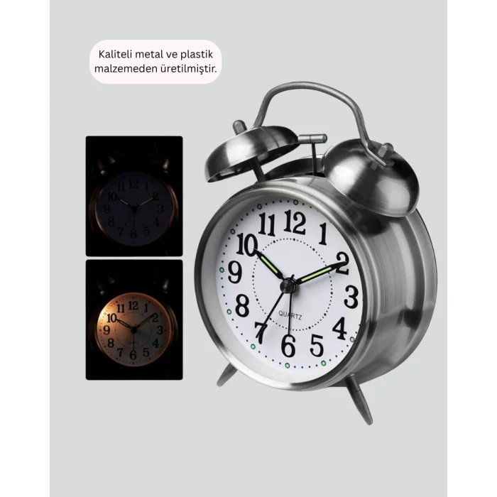 Dekoratif Gümüş Işıklı Alarmlı Masa Saati Sessiz Mekanizma
