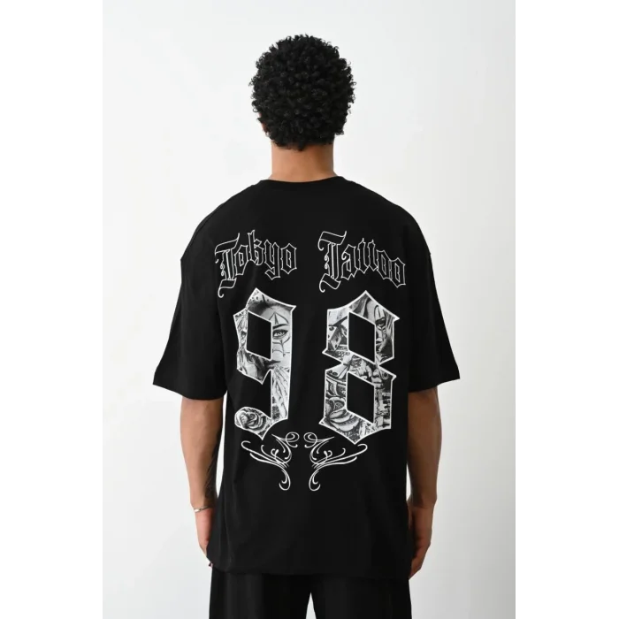 Erkek Kısa Kol Yazlık Tişört Bisiklet Yaka Baskılı Oversize T-Shirt - Siyah